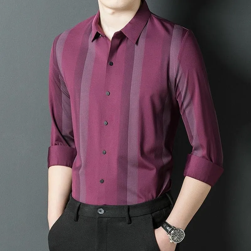 Men's Seamless Long Sleeve Shirt Vertical Striped Business Casual Thin Blouse Spring Autumn