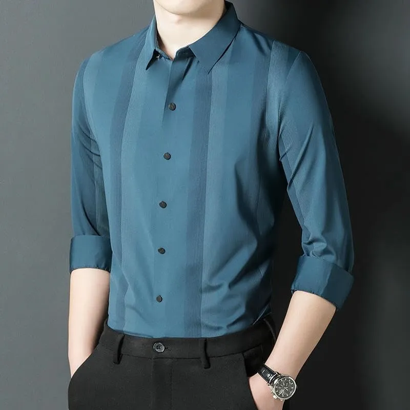 Men's Seamless Long Sleeve Shirt Vertical Striped Business Casual Thin Blouse Spring Autumn