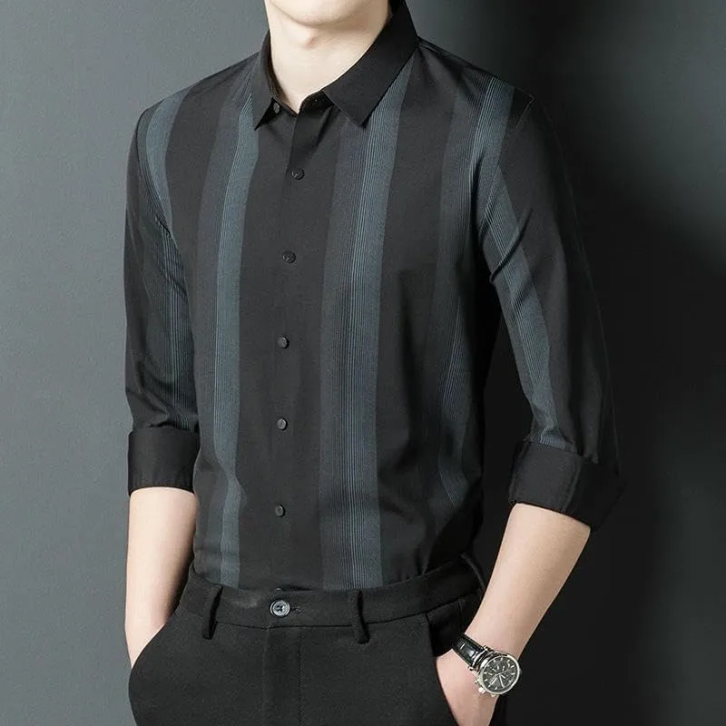 Men's Seamless Long Sleeve Shirt Vertical Striped Business Casual Thin Blouse Spring Autumn