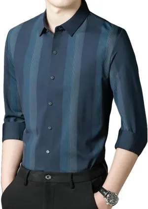 Men's Seamless Long Sleeve Shirt Vertical Striped Business Casual Thin Blouse Spring Autumn
