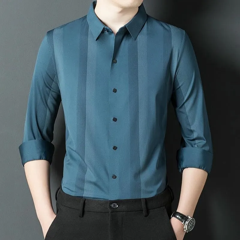 Men's Seamless Long Sleeve Shirt Vertical Striped Business Casual Thin Blouse Spring Autumn