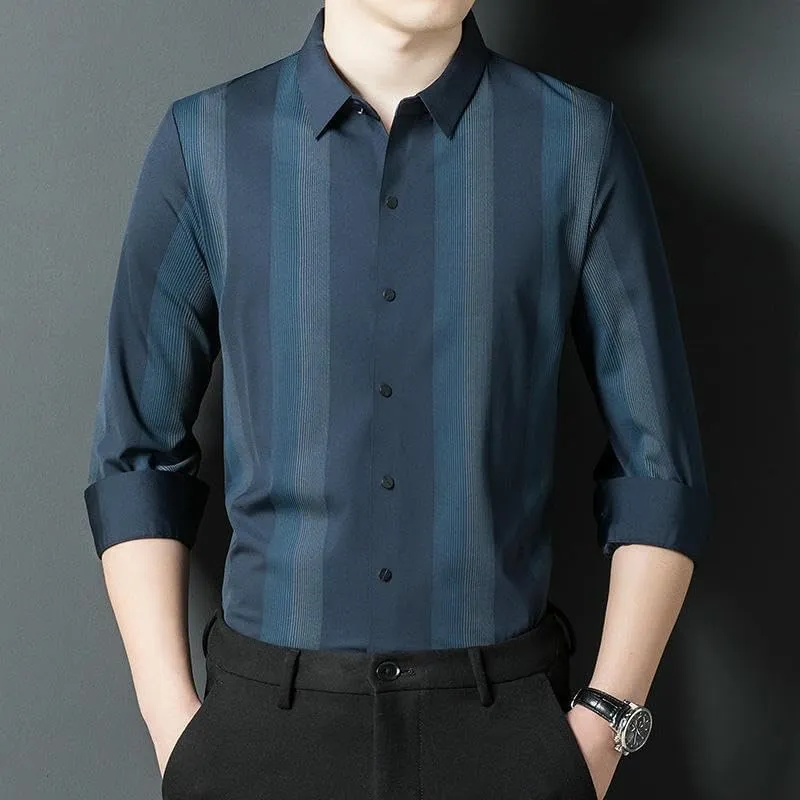 Men's Seamless Long Sleeve Shirt Vertical Striped Business Casual Thin Blouse Spring Autumn