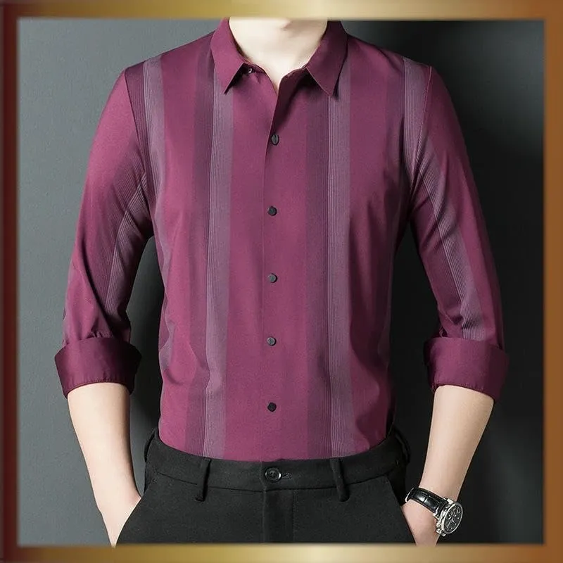 Men's Seamless Long Sleeve Shirt Vertical Striped Business Casual Thin Blouse Spring Autumn