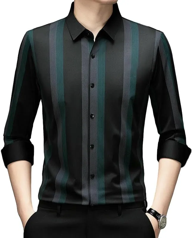 Men's Seamless Striped Long Sleeve Shirt Business Casual Non-Iron Lapel Shirt Spring Autumn