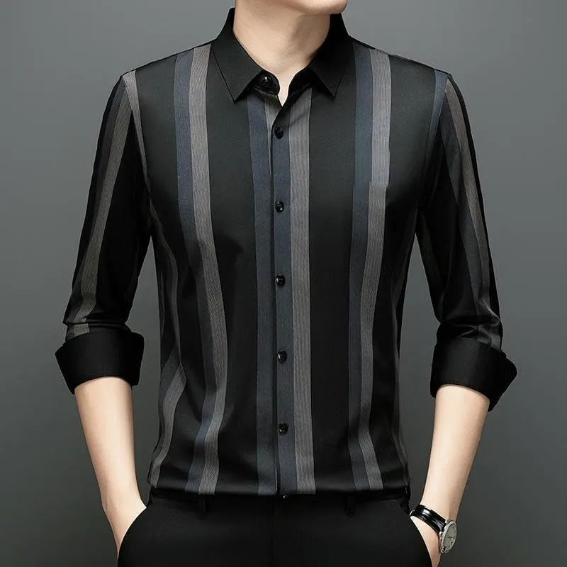 Men's Seamless Striped Long Sleeve Shirt Business Casual Non-Iron Lapel Shirt Spring Autumn
