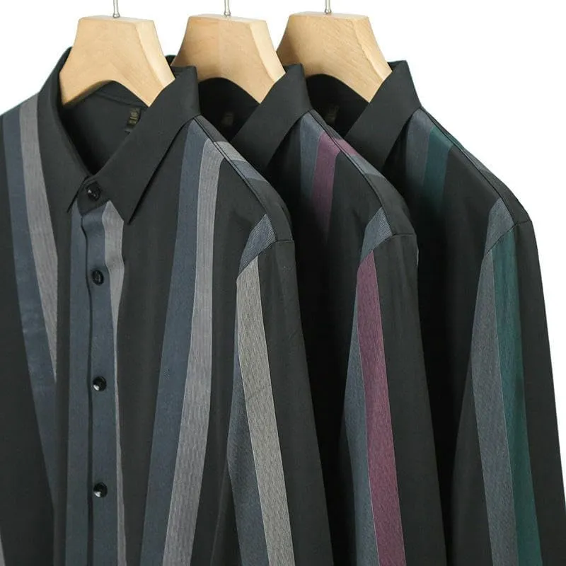 Men's Seamless Striped Long Sleeve Shirt Business Casual Non-Iron Lapel Shirt Spring Autumn