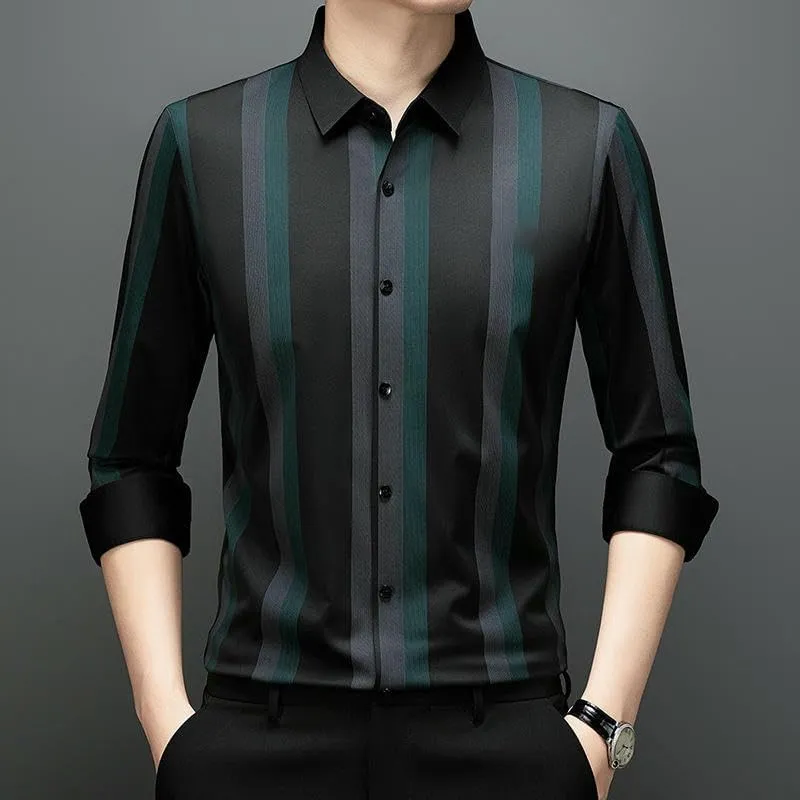 Men's Seamless Striped Long Sleeve Shirt Business Casual Non-Iron Lapel Shirt Spring Autumn