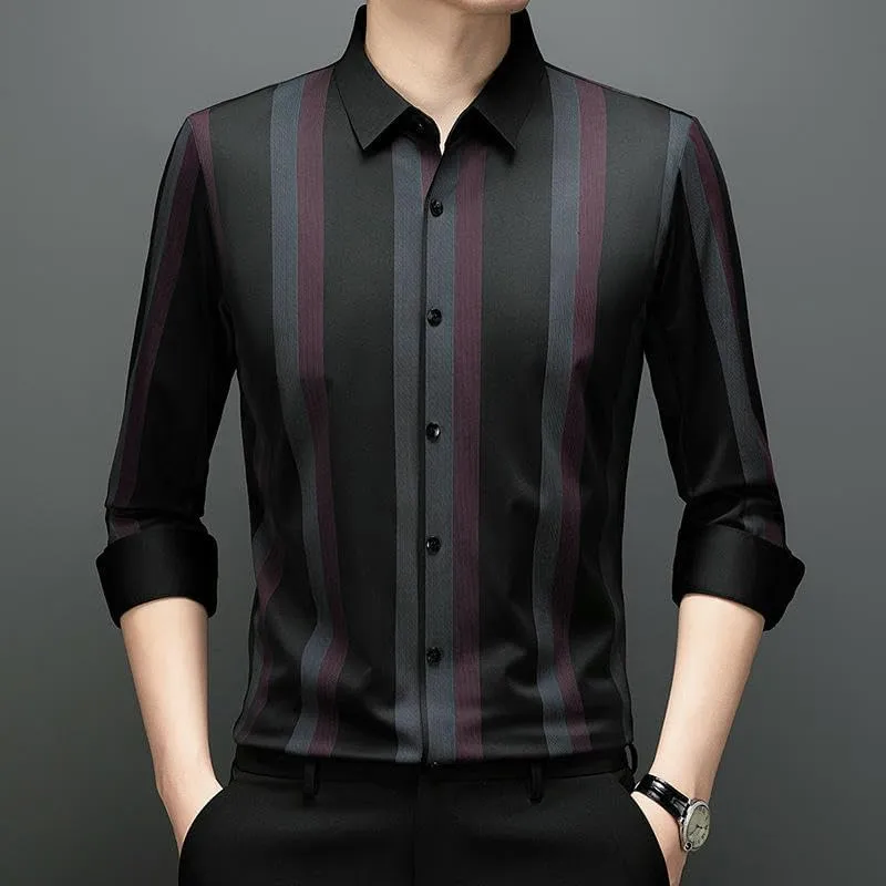 Men's Seamless Striped Long Sleeve Shirt Business Casual Non-Iron Lapel Shirt Spring Autumn