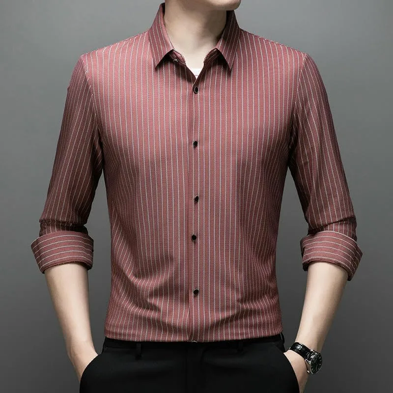 Men's Spring Long Sleeve Seamless Non-Iron Business Casual Yarn-Dyed Striped Shirt