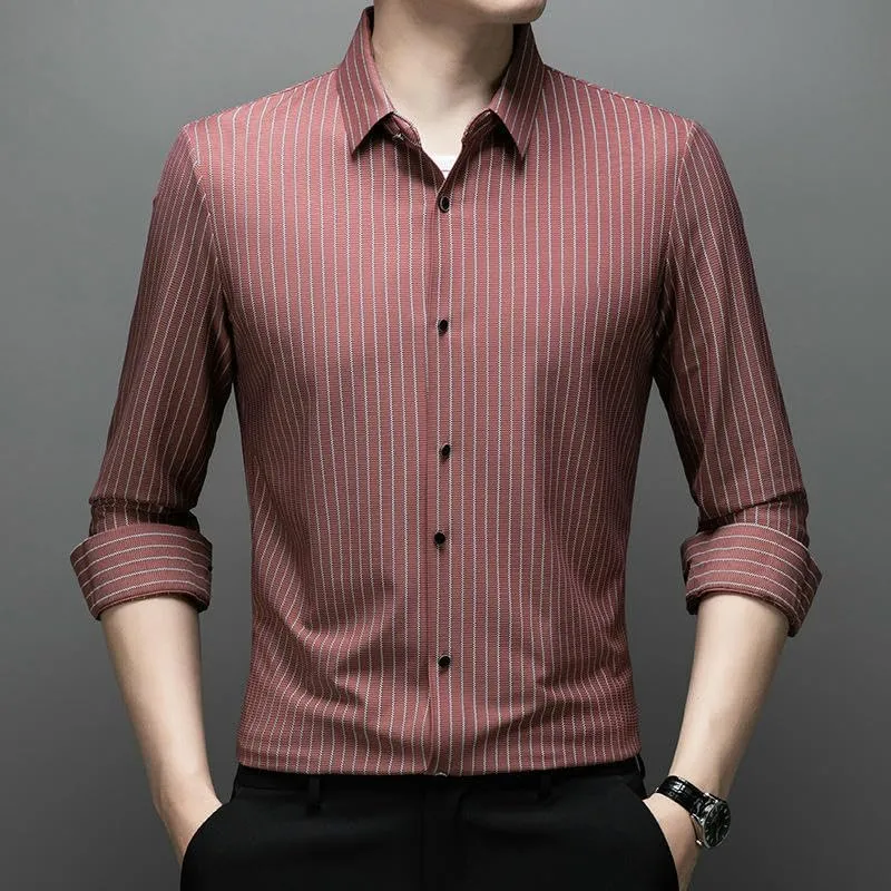 Men's Spring Long Sleeve Seamless Non-Iron Business Casual Yarn-Dyed Striped Shirt
