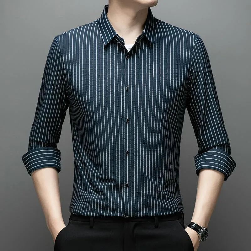 Men's Spring Long Sleeve Seamless Non-Iron Business Casual Yarn-Dyed Striped Shirt