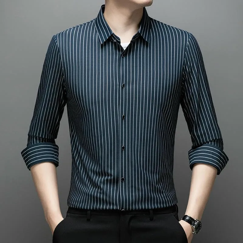 Men's Spring Long Sleeve Seamless Non-Iron Business Casual Yarn-Dyed Striped Shirt