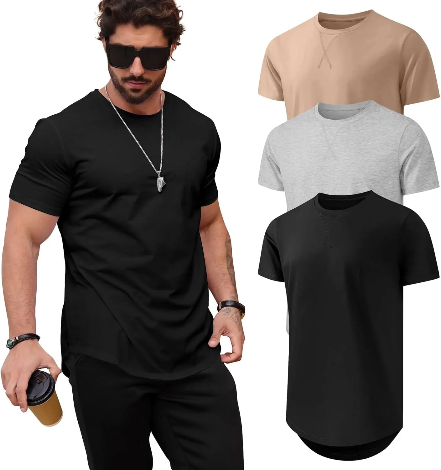 Mens T Shirts Casual Hipster Hip Hop Longline Crewneck Tee Shirts