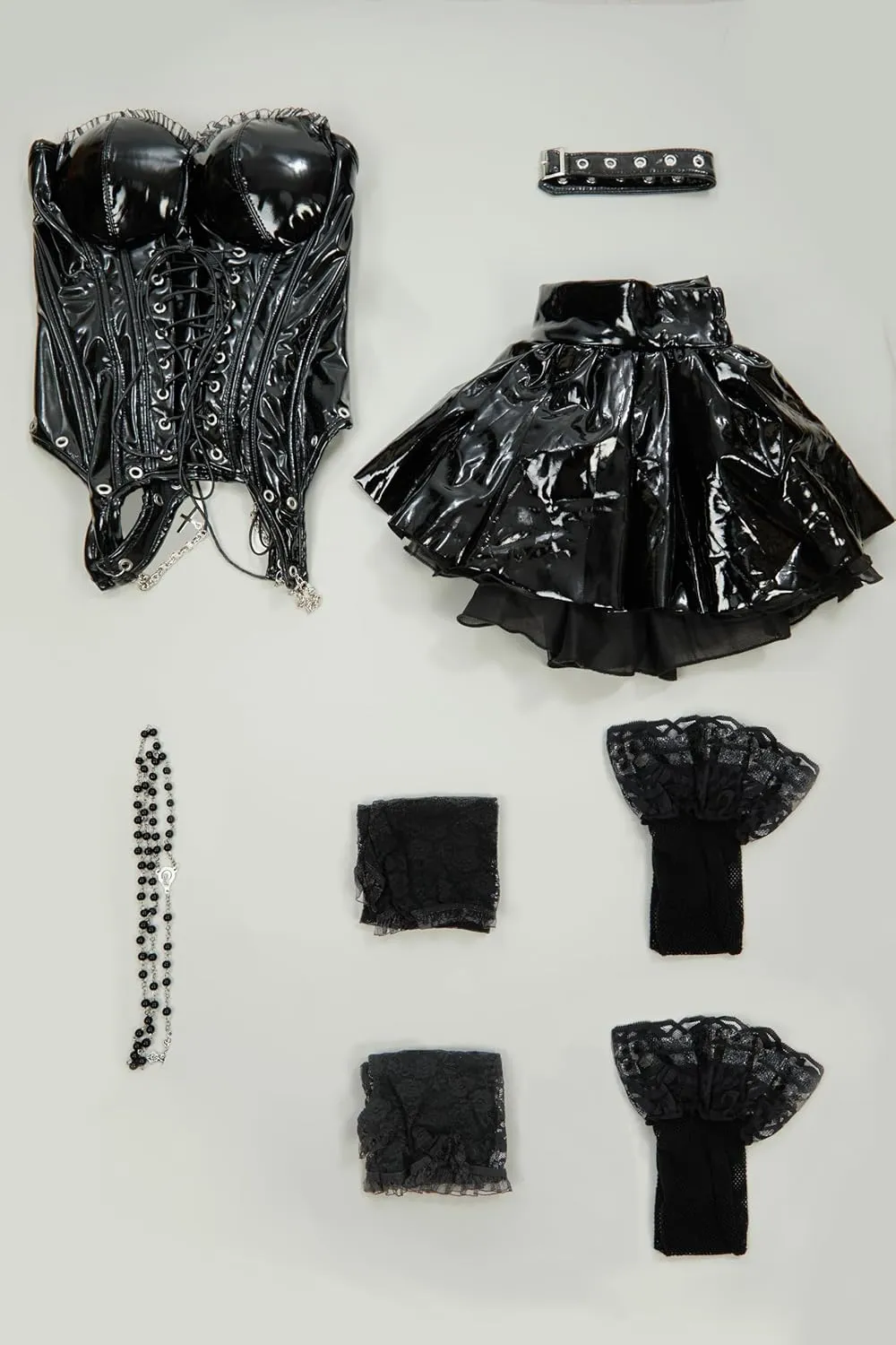 MEOWCOS Women Corset Dress Gothic Camisole and Skirt Set with Net Stockings and Lace Sleeves