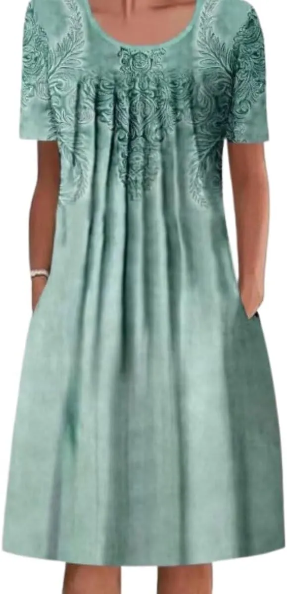 Mid Length Dress for Women Crewneck Floral Sun Dress 2025 Vintage Dresses Loose Fit Trendy Boho Dresses