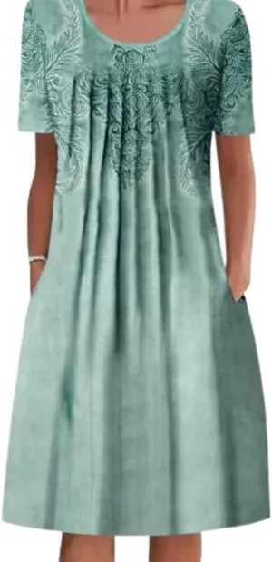 Mid Length Dress for Women Crewneck Floral Sun Dress 2025 Vintage Dresses Loose Fit Trendy Boho Dresses