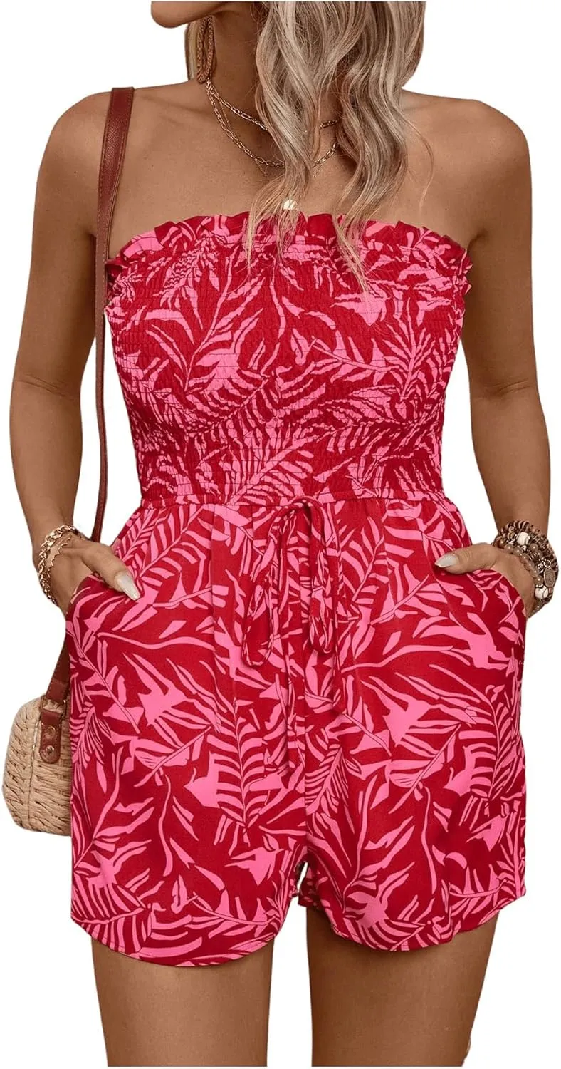 Milumia Women's Summer Strapless Smocked Tube Romper Printed Tie Front Shorts Jumpsuit