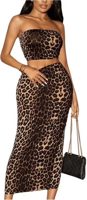 Milumia Women's Two Piece Set Leopard Print Strapless Crop Tube Top and Maxi Skirt
