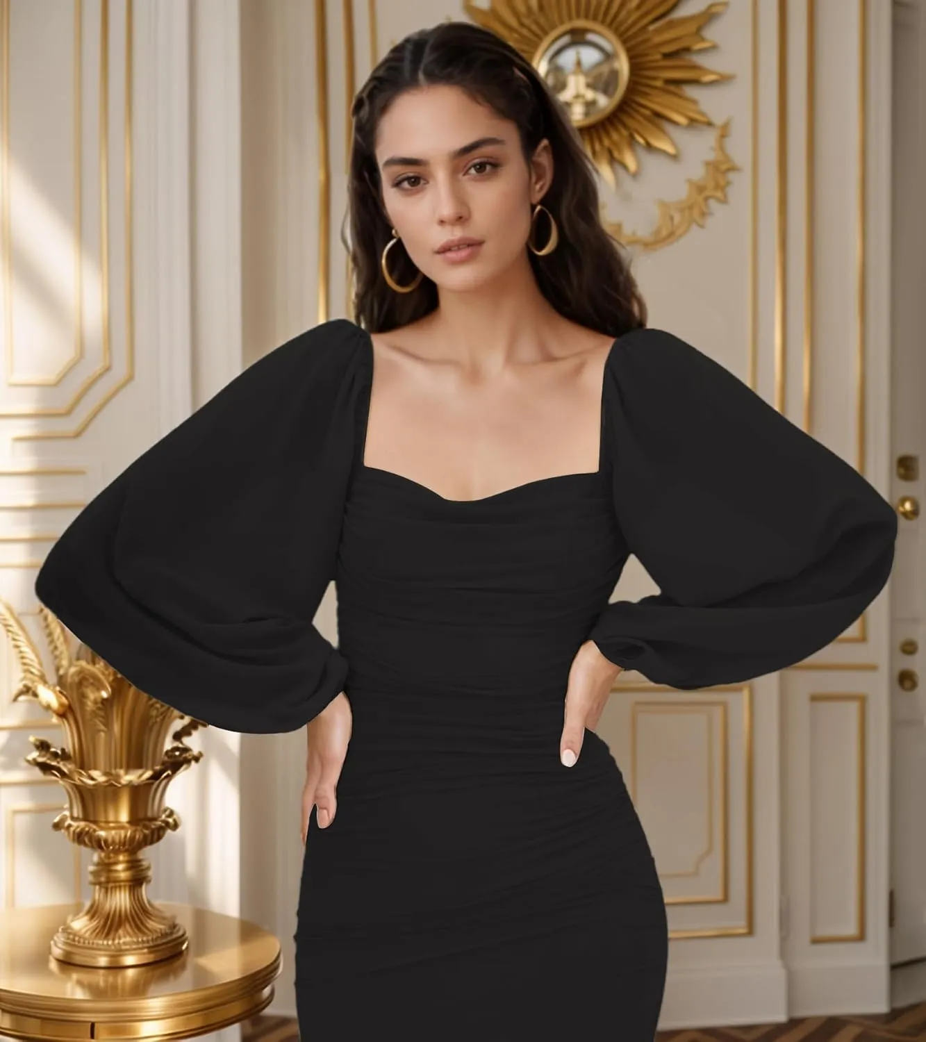 MllesReve Women Long Puffy Sleeve Midi Wedding Guest Dress Ruched Bodycon Tea Length Cocktail Party Dresses Graduation Gown