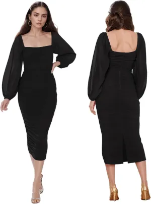 MllesReve Women Long Puffy Sleeve Midi Wedding Guest Dress Ruched Bodycon Tea Length Cocktail Party Dresses Graduation Gown
