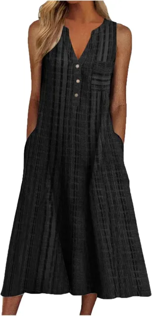 Mzkdieey Women's Summer Striped Print Button Down V Neck Maxi Dresses Sleeveless Loose Tank Dress Beach Vacation Sundress