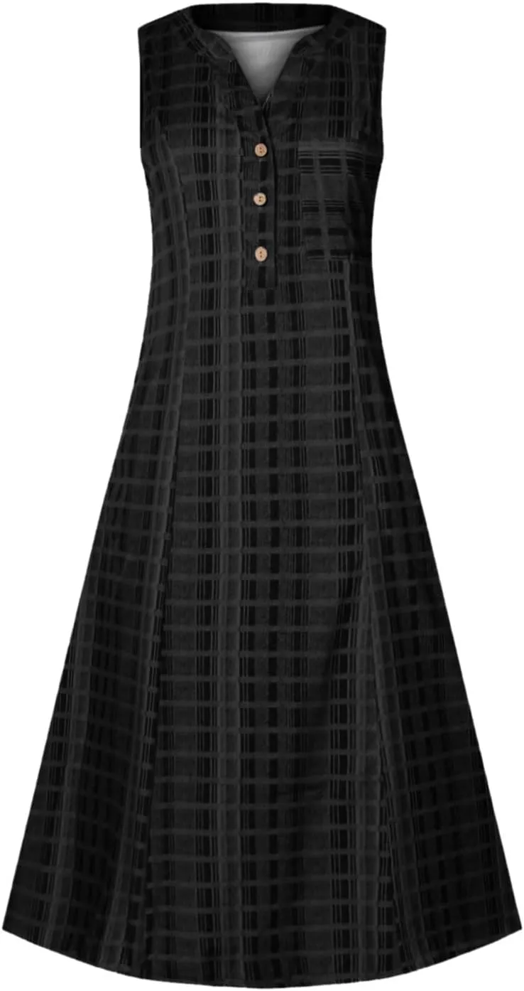Mzkdieey Women's Summer Striped Print Button Down V Neck Maxi Dresses Sleeveless Loose Tank Dress Beach Vacation Sundress