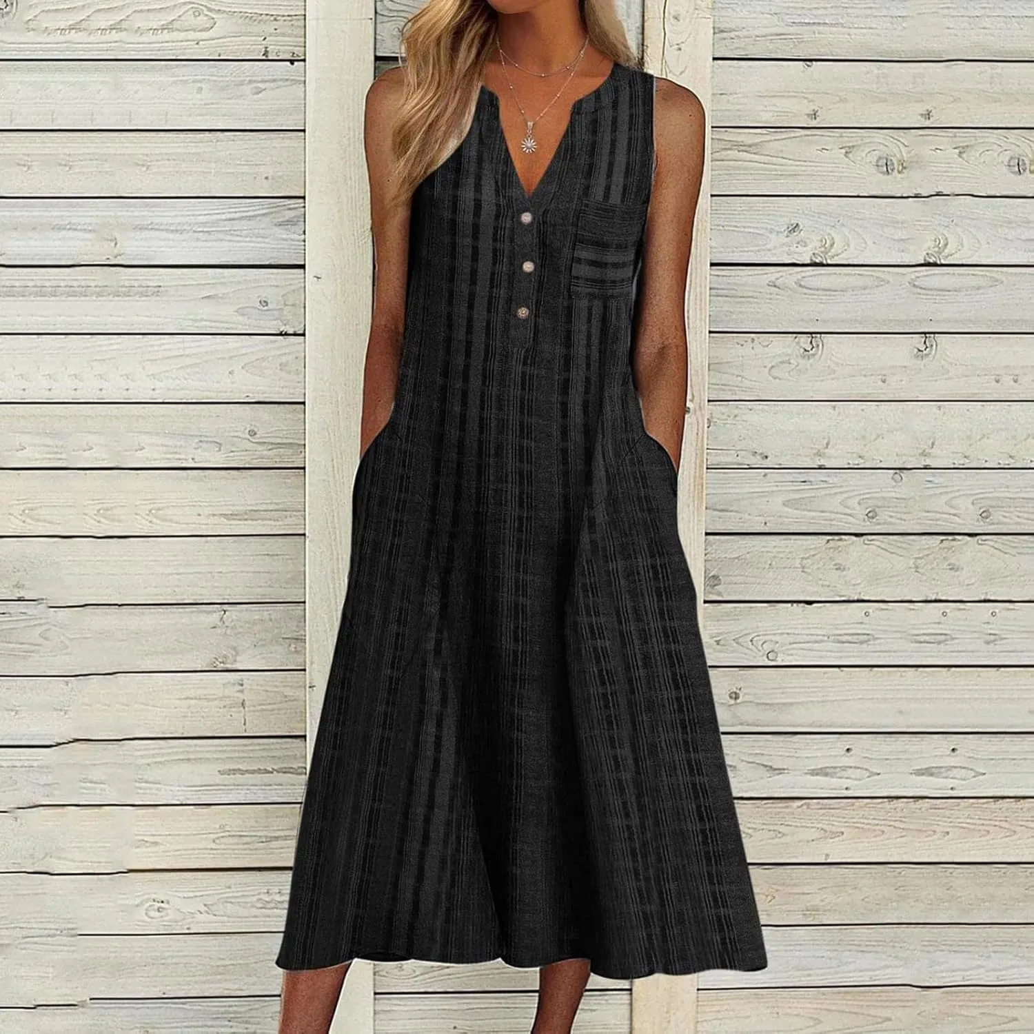 Mzkdieey Women's Summer Striped Print Button Down V Neck Maxi Dresses Sleeveless Loose Tank Dress Beach Vacation Sundress