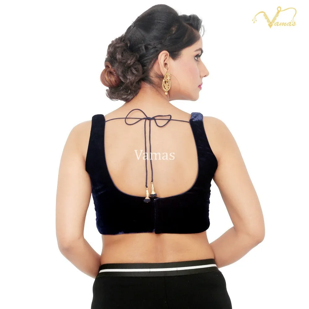 Navy Blue Vamas Velvet Back Open Ready Made Blouse