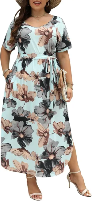 Nemidor Womens Casual Plus Size Tie Waist Slit Long Maxi Dress with Pockets NEM313