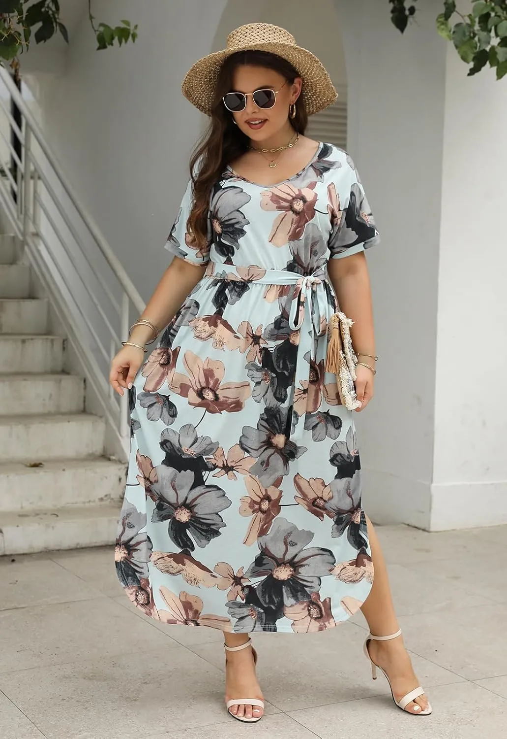 Nemidor Womens Casual Plus Size Tie Waist Slit Long Maxi Dress with Pockets NEM313