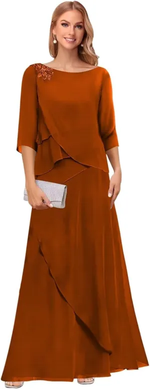 Noras dress Tiered Mother of The Bride Dresses for Wedding with Sleeves Long Formal Evening Dress NO294