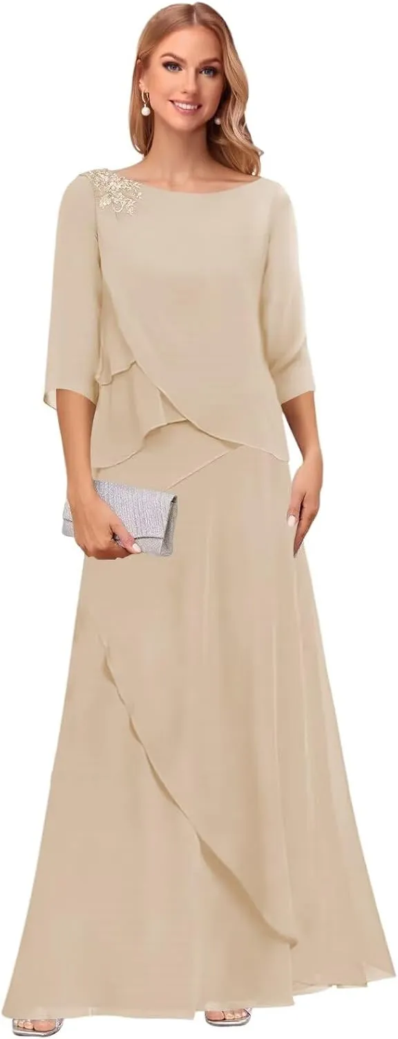 Noras dress Tiered Mother of The Bride Dresses for Wedding with Sleeves Long Formal Evening Dress NO294