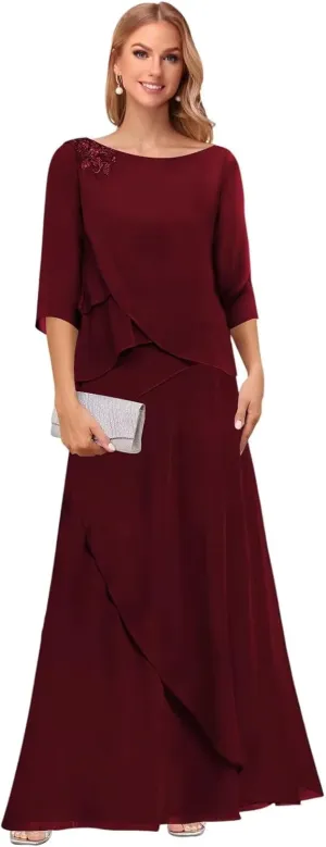 Noras dress Tiered Mother of The Bride Dresses for Wedding with Sleeves Long Formal Evening Dress NO294