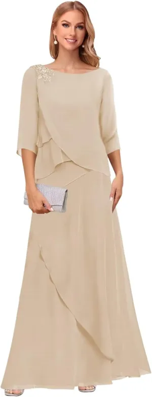 Noras dress Tiered Mother of The Bride Dresses for Wedding with Sleeves Long Formal Evening Dress NO294