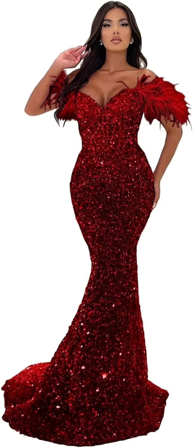 Off Shoulder Sweetheart Mermaid Prom Dresses 2024 Long Sparkly Sequin Feathers Sheath Formal Evening Party Gowns with Train