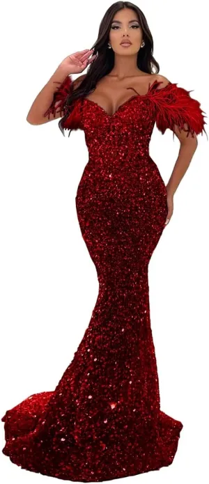 Off Shoulder Sweetheart Mermaid Prom Dresses 2024 Long Sparkly Sequin Feathers Sheath Formal Evening Party Gowns with Train