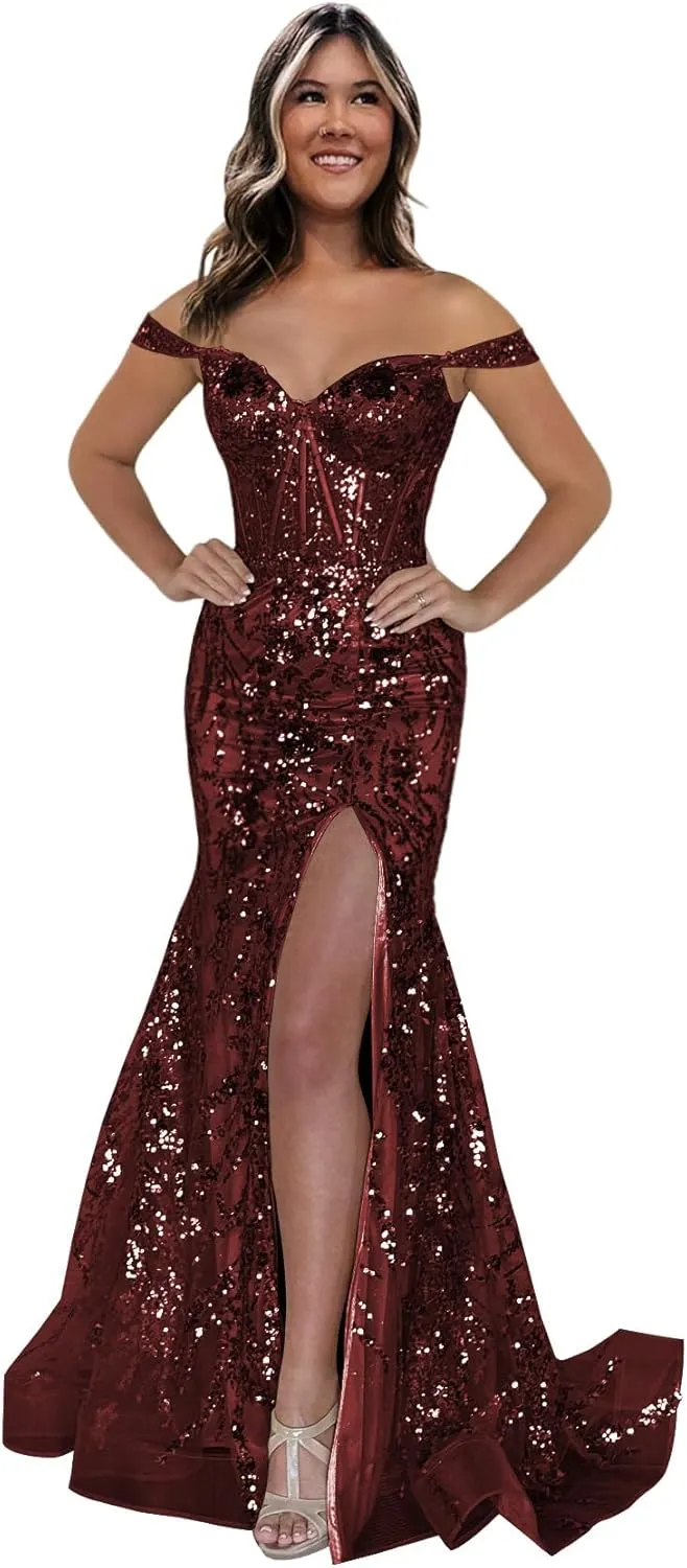 Off The Shoulder Long Prom Dress with Slit Sequined Lace Appliques Mermaid Evening Gown for Women BF58