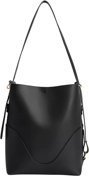 OLEADA Marina Soft Bucket Bag Onyx - Large Leather Work Bag for Women, 14-15 Inch Laptop Compartment, Adjustable Straps