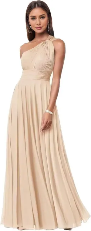 One Shoulder Bridesmaid Dresses for Women A Line Pleated Chiffon Long Formal Wedding Evening Party Dress with Pockets