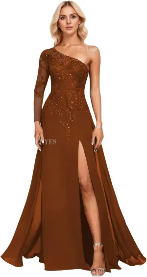 One Shoulder Mother of The Bride Dresses for Wedding Chiffon Long Sleeve Lace Sequins Formal Evening Gowns with Slit