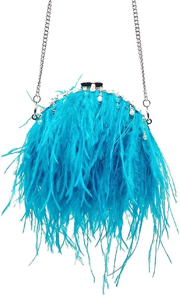 Ostrich Evening Bags for Women Feather Women Clutches Evening Ostrich Feather Purse Pearl Feather Clutch Party Peacock Blue