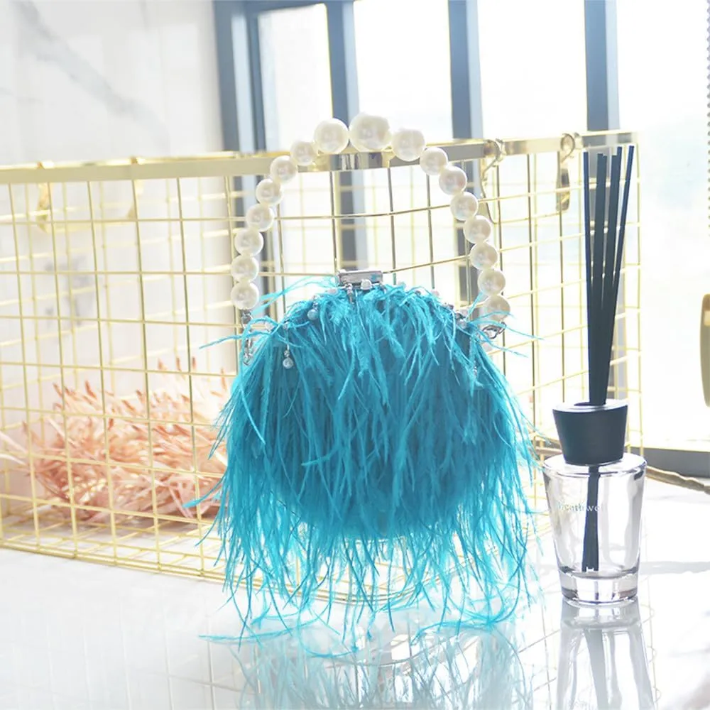 Ostrich Evening Bags for Women Feather Women Clutches Evening Ostrich Feather Purse Pearl Feather Clutch Party Peacock Blue