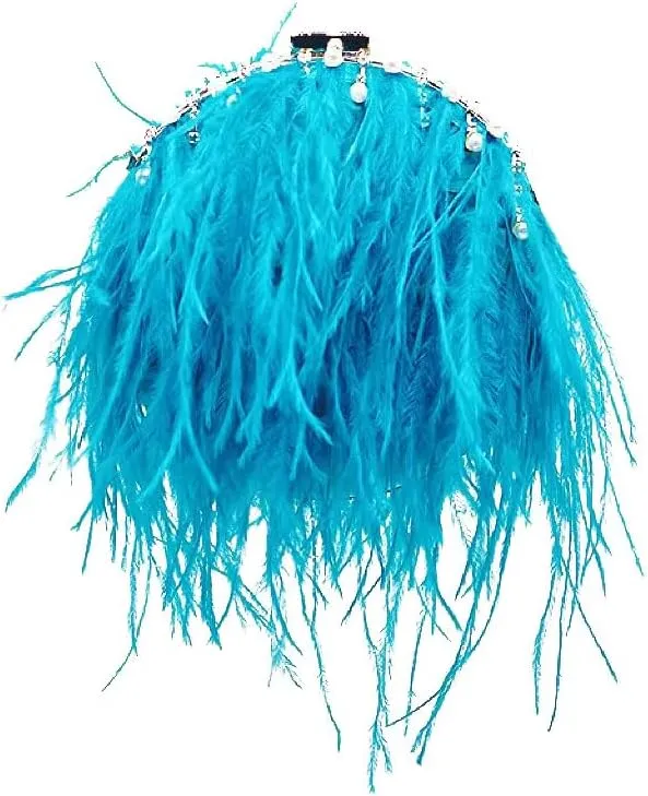 Ostrich Evening Bags for Women Feather Women Clutches Evening Ostrich Feather Purse Pearl Feather Clutch Party Peacock Blue
