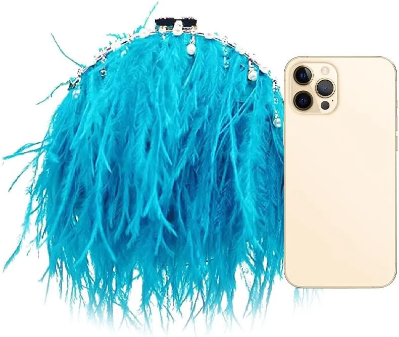 Ostrich Evening Bags for Women Feather Women Clutches Evening Ostrich Feather Purse Pearl Feather Clutch Party Peacock Blue