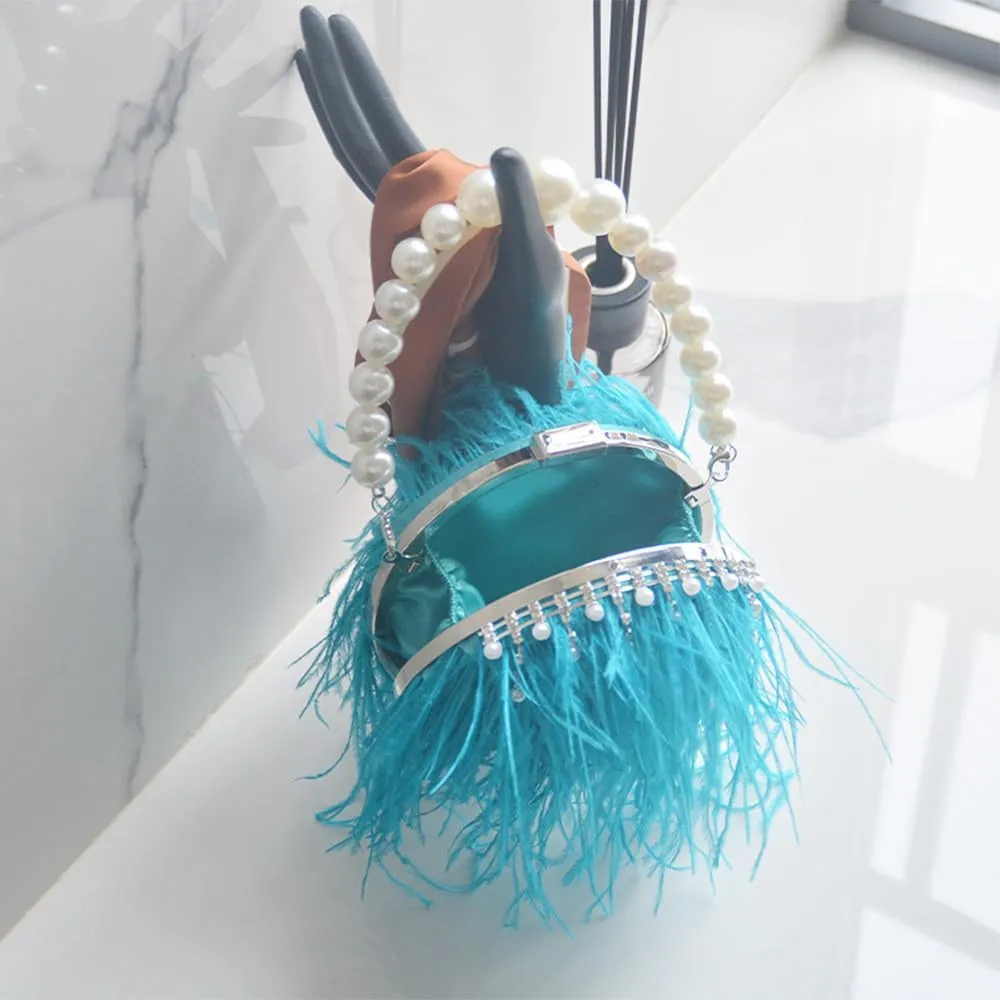 Ostrich Evening Bags for Women Feather Women Clutches Evening Ostrich Feather Purse Pearl Feather Clutch Party Peacock Blue