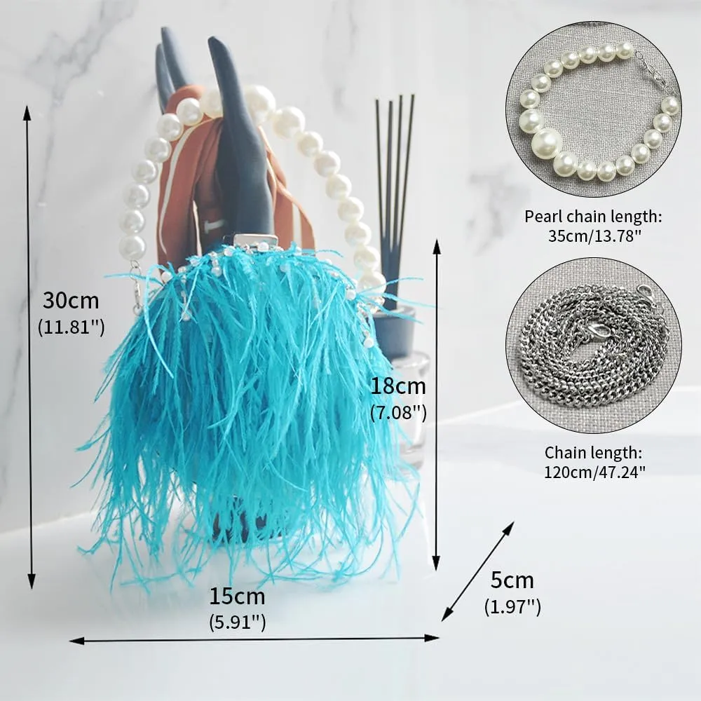 Ostrich Evening Bags for Women Feather Women Clutches Evening Ostrich Feather Purse Pearl Feather Clutch Party Peacock Blue
