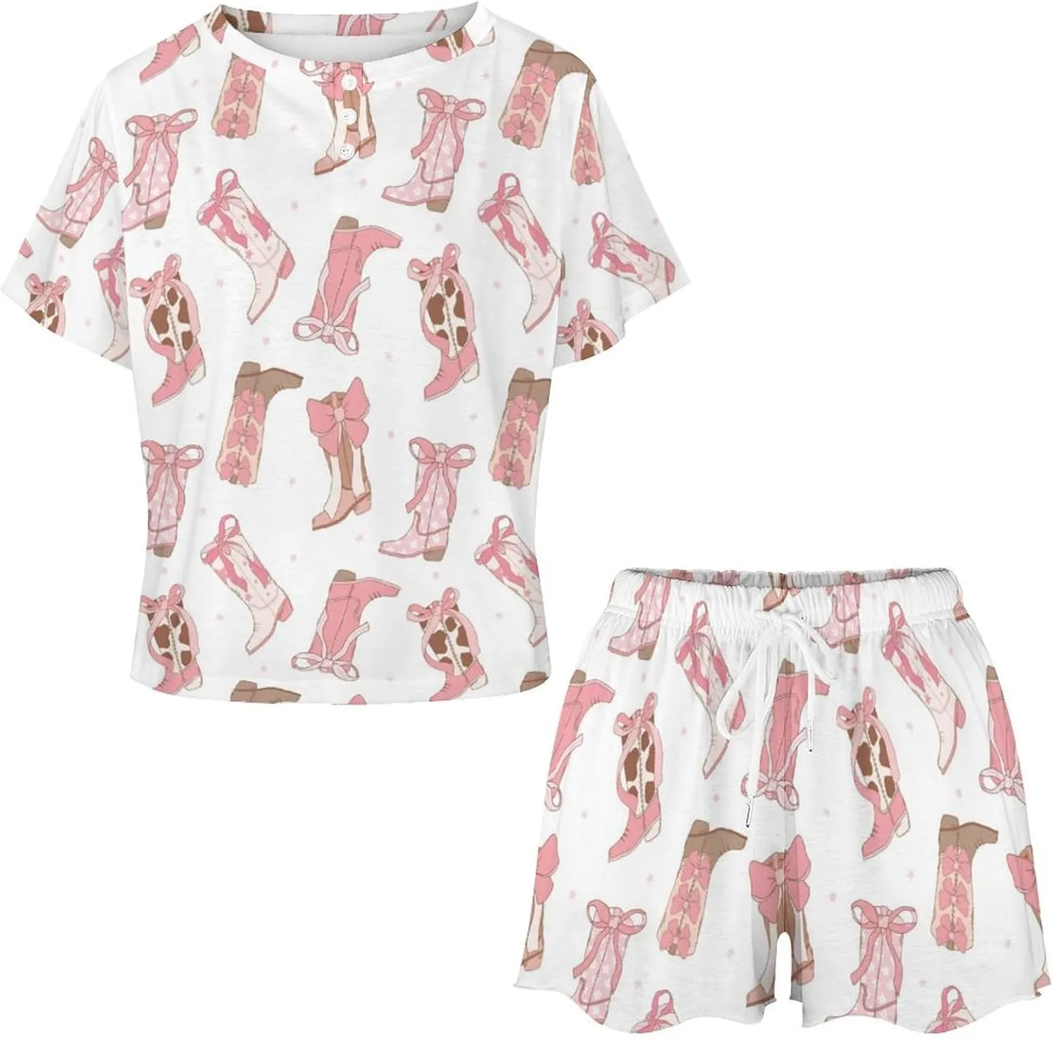 Pajama Set Pink Cowgirl Hats Pj Sets for Woman 2 Piece Short Sleeve Top Shorts Sleepwear with Pockets