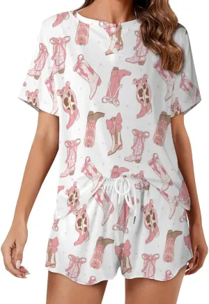 Pajama Set Pink Cowgirl Hats Pj Sets for Woman 2 Piece Short Sleeve Top Shorts Sleepwear with Pockets
