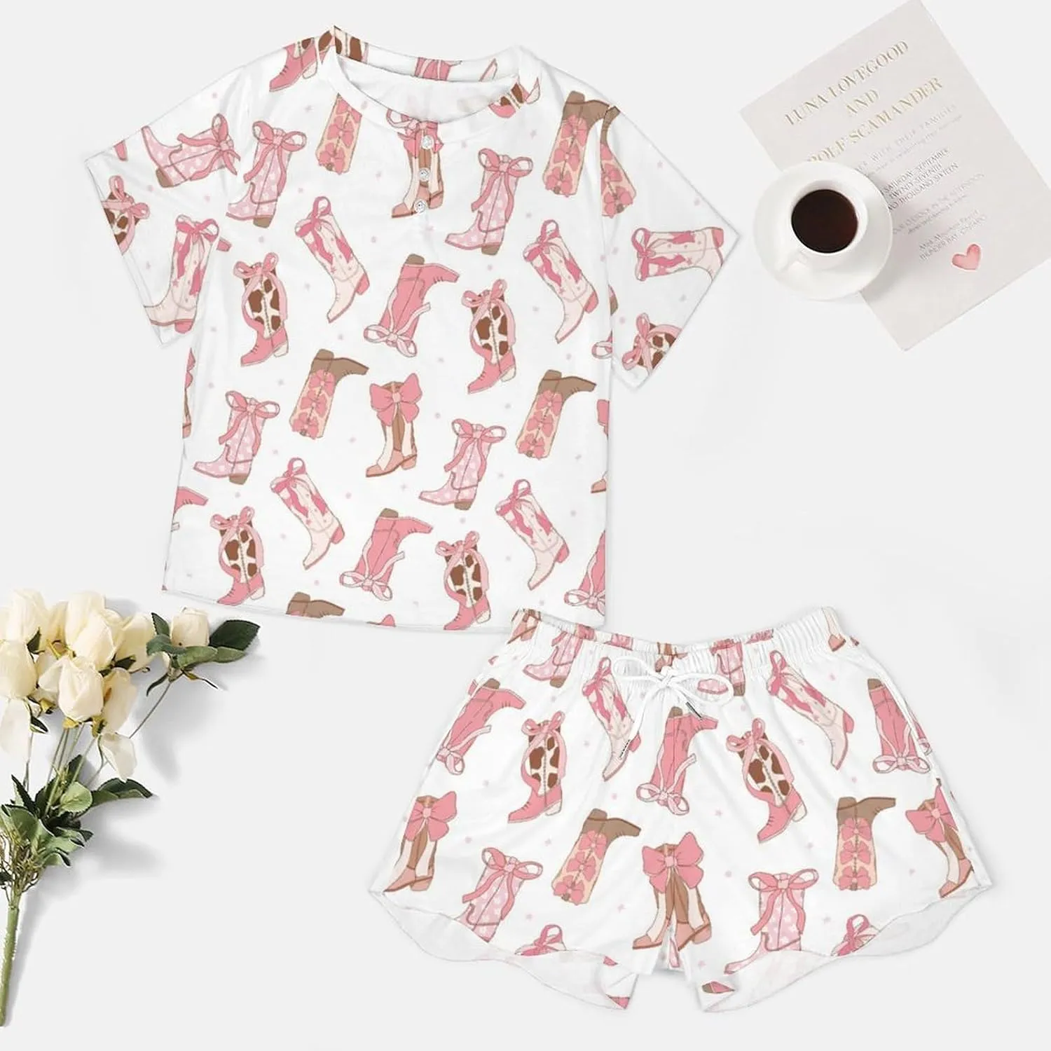 Pajama Set Pink Cowgirl Hats Pj Sets for Woman 2 Piece Short Sleeve Top Shorts Sleepwear with Pockets