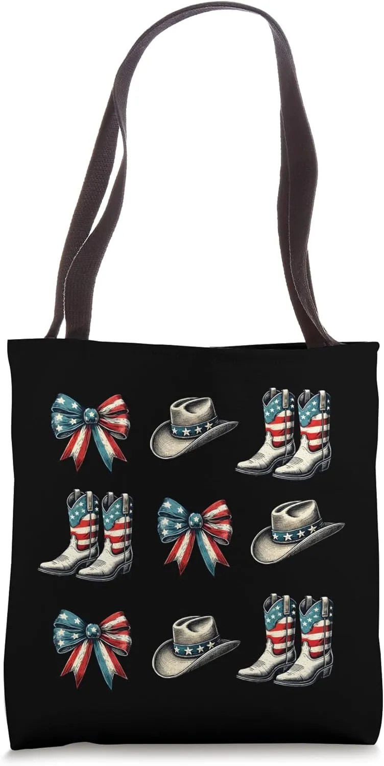Patriotic USA Western Cowboy Coquette Boots Hats 4th Of July Tote Bag